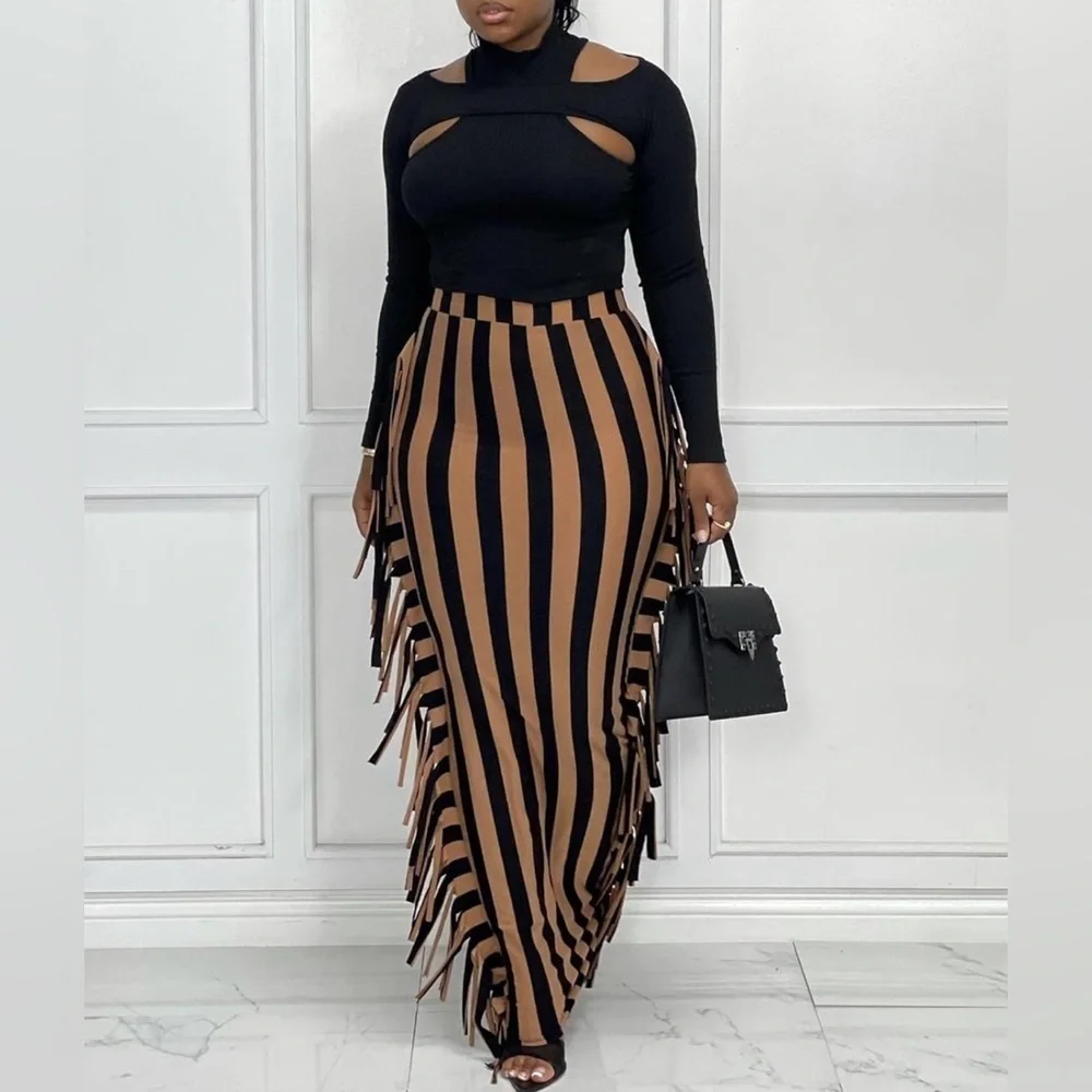 Fringe Maxi Pencil High Waist Bodycon Striped Tassel Skirt Black Brown, Small